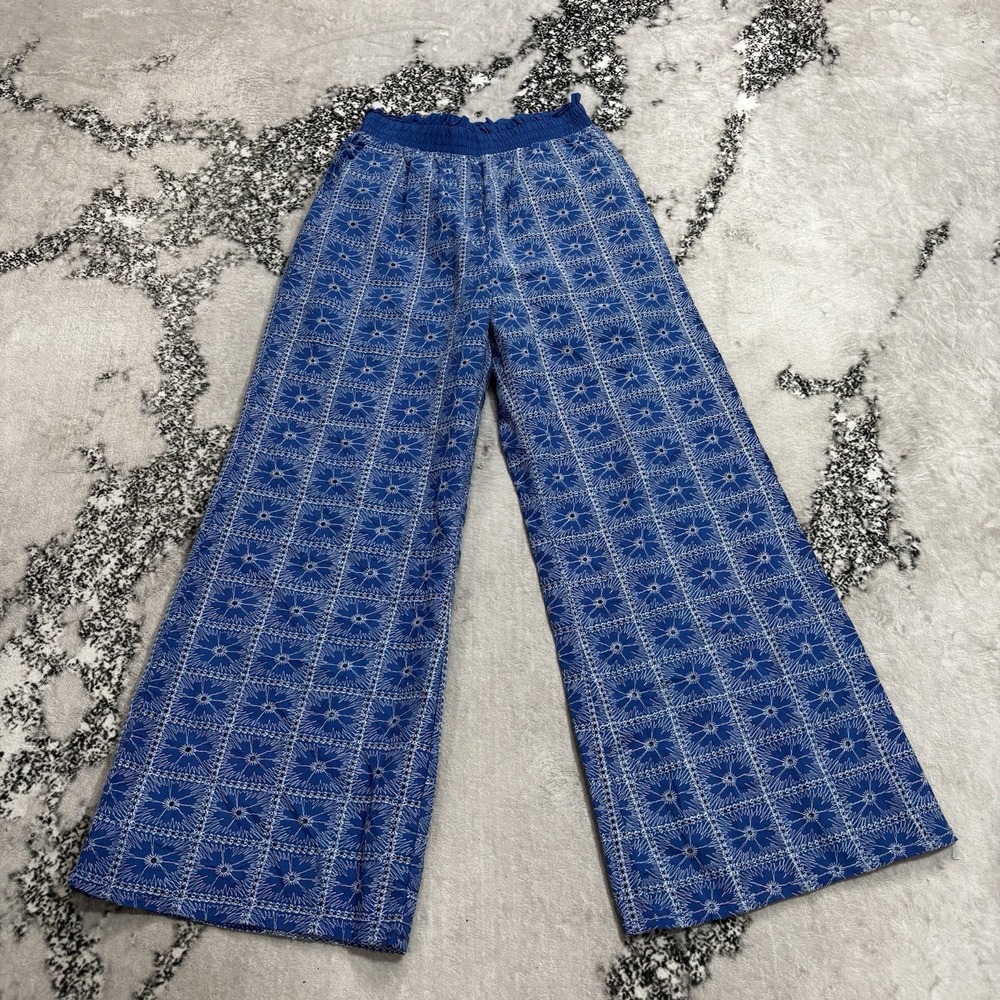 Solitaire Pants Women's Size M Embroidered Wide Leg Blue Pull On Boho NWT